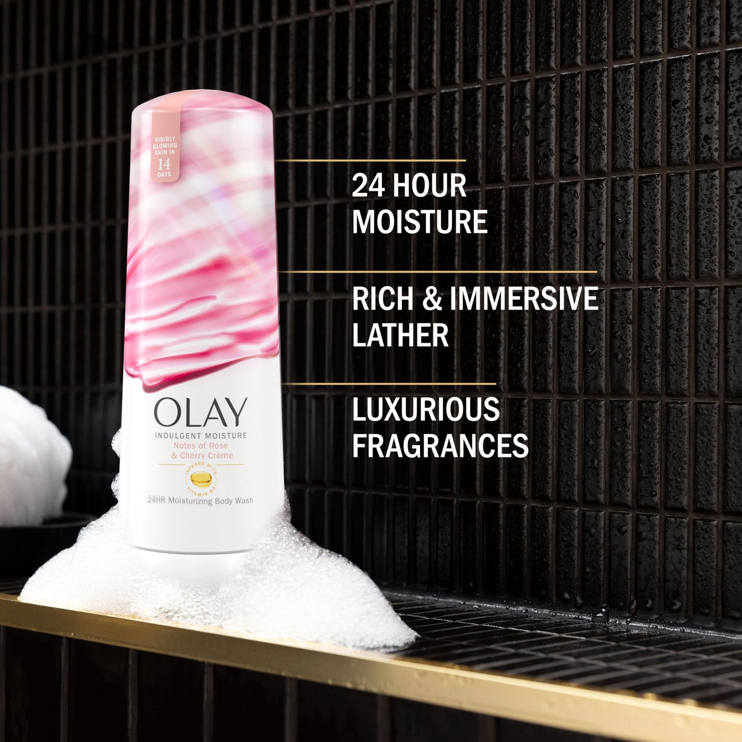 Olay Body Wash for Women, Indulgent Moisture, 24hr Moisturizing & Nourishing Formula, Infused with Vitamin B3 Complex, Luxurious Fragrances, Rose