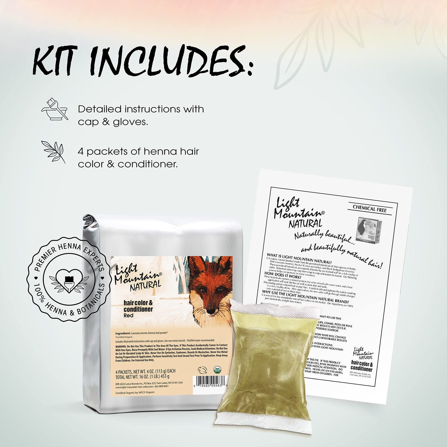 Light Mountain Henna Hair Color & Conditioner - Red Hair Dye, Organic Henna Leaf Powder and Botanicals, Chemical-Free, Semi-Permanent Hair Color + 4