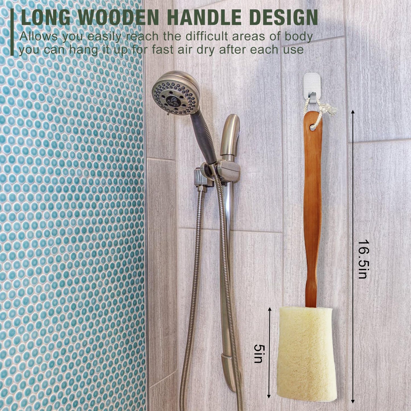 2 Pack Natural Exfoliating Loofah Luffa Loofa Bath Brush On a Stick, Shower Sponge Back Scrubber with Long Wooden Handle for Men & Women, Deep Clean