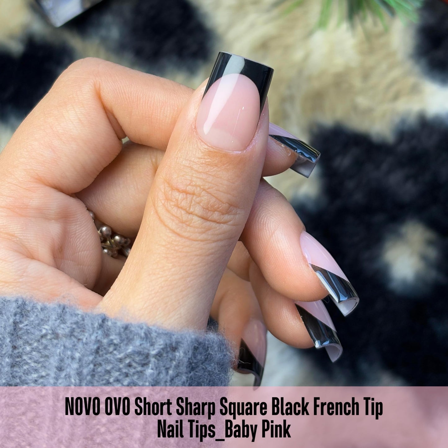 NOVO OVO Short Sharp Square Black French Tip Nail Tips Press on BABY PINK, Extra Thick NEED Nail Glue Builder Gel Top Coat, Soft Gel Full Cover Fake Beauty and Personal Care NOVO OVO