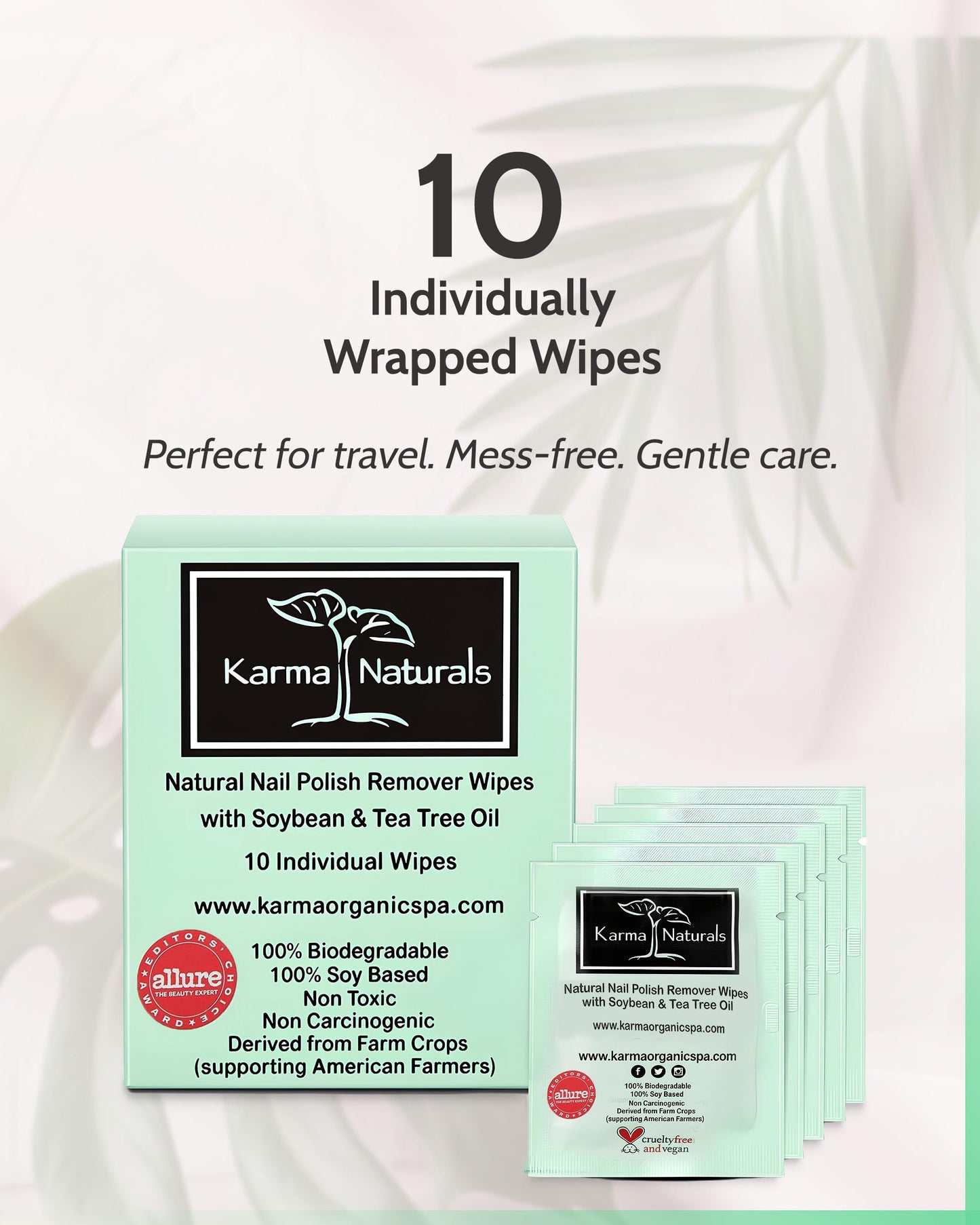 Karma Organic Natural Nail Polish Remover Wipes with Soybean and Tea Tree Oil, 100% Soy Based, Non-Toxic, Vegan, Cruelty-Free - Pack of 10 Beauty & Personal Care karma organic