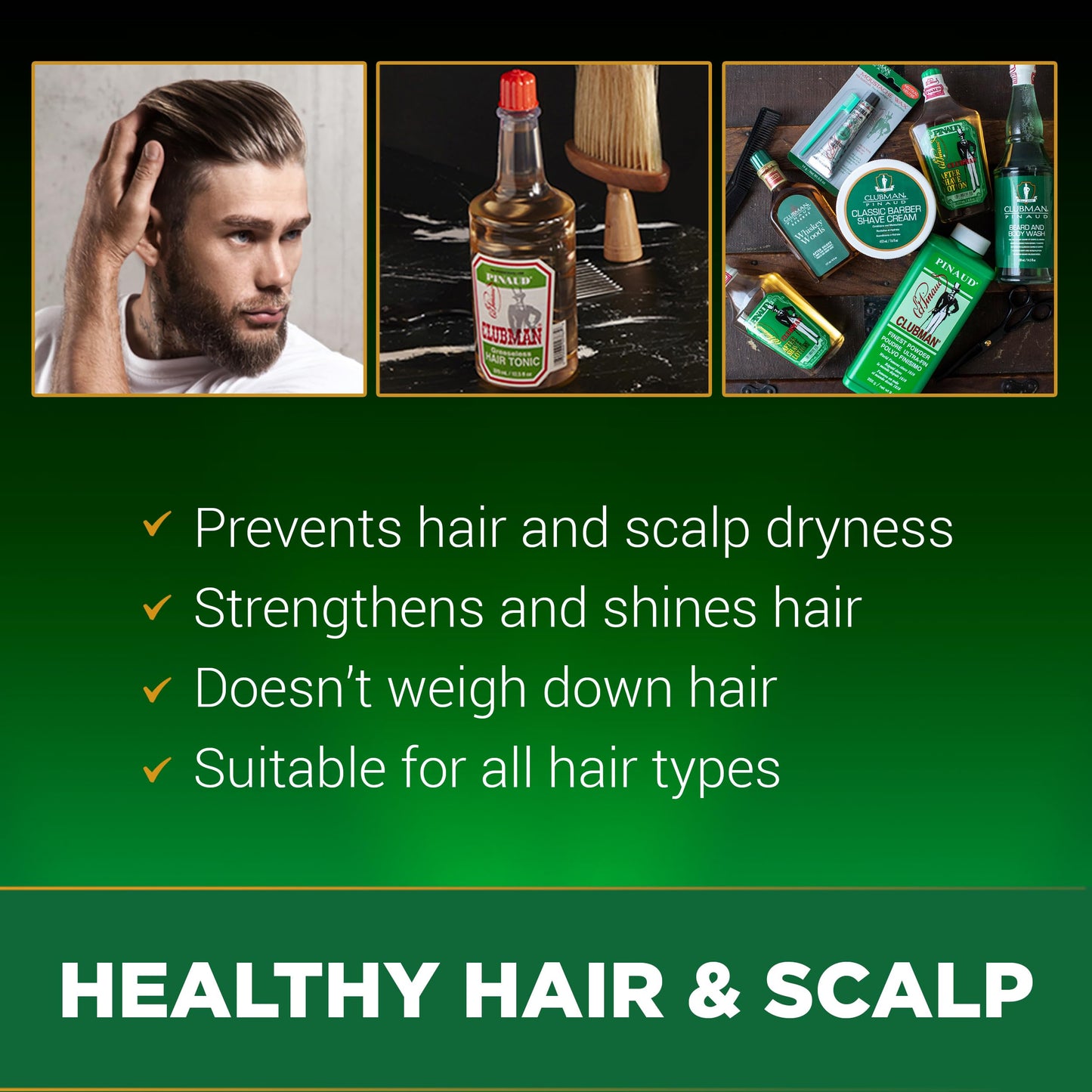 Clubman Pinaud Hair Tonic - Classic Greaseless Men’s Grooming Hair Tonic for Men, Stimulates Scalp & Revitalizes Hair Without Grease, 12.5 fl oz