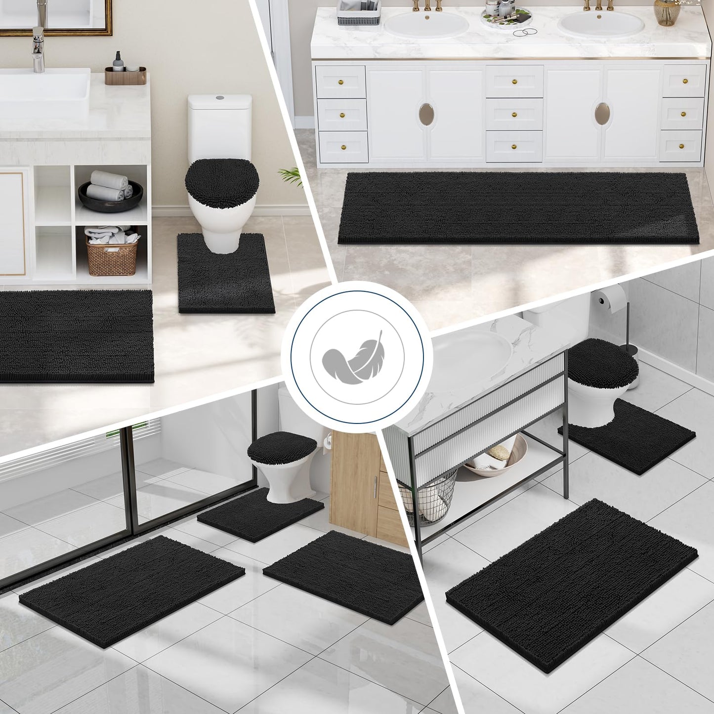 Smiry Luxury Chenille Bath Rug 30x20 – Extra Soft, Absorbent, Non-Slip Shaggy Mat for Shower, Tub & Floor – Black, Washable