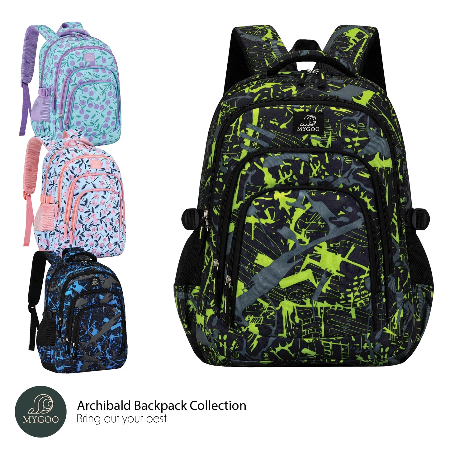 MYGOO Boys Dynamic School Backpack | Archibald Collection for Kids | 17" Height 24L | Camo Green
