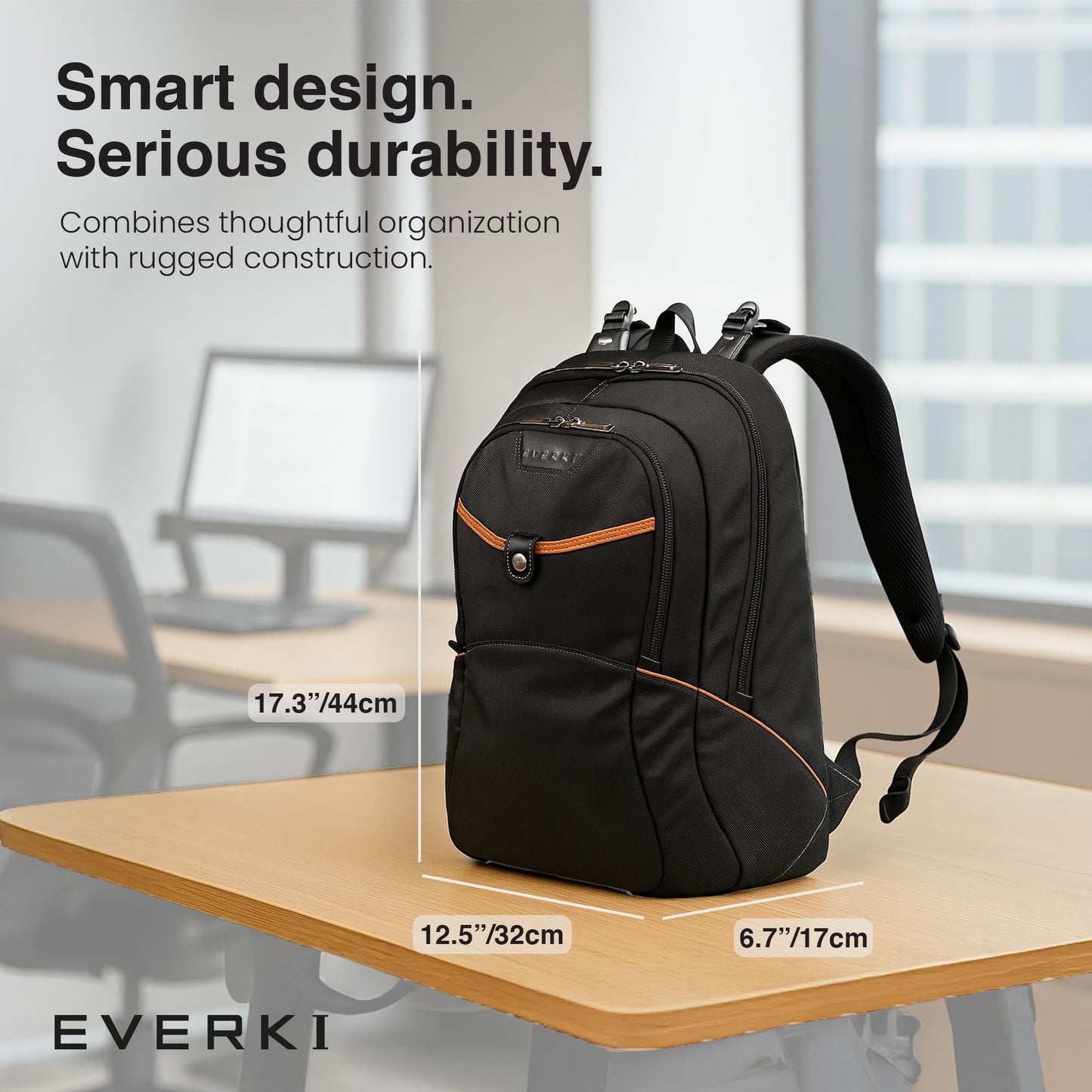 EVERKI Glide 17.3 Inch Laptop Backpack for Men & Women - Heavy-Duty, Water-Resistant Bookbag with Reflective Strips for College, Travel or Motorcycle (Black, EKP129)