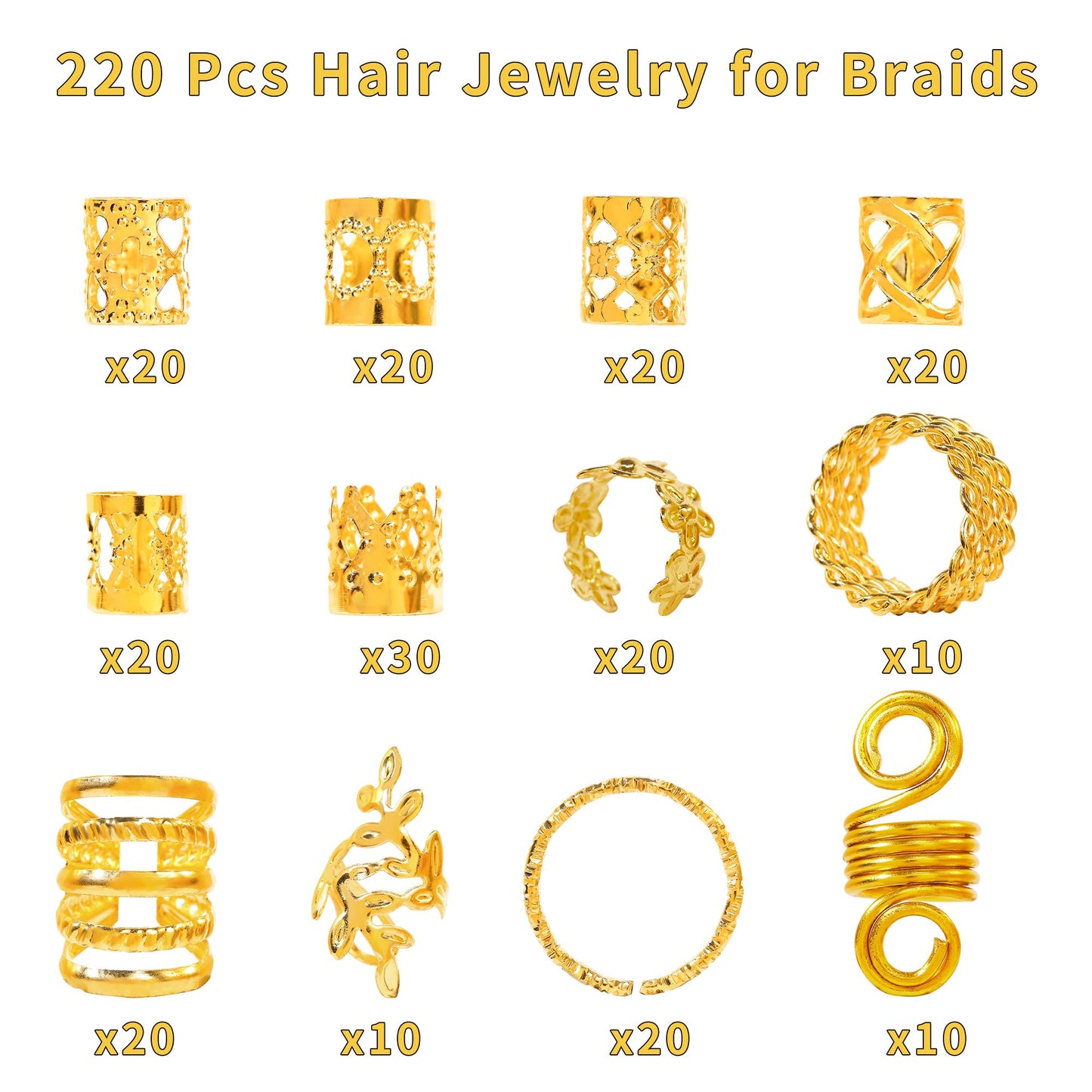 MODASER 220Pcs Gold Hair Jewelry for Braids, 12 Styles Gold Hair Accessories Cuff for Braids and Dreadlocks, Adjustable Metal Rings Cuffs Clips Beauty and Personal Care MODASER