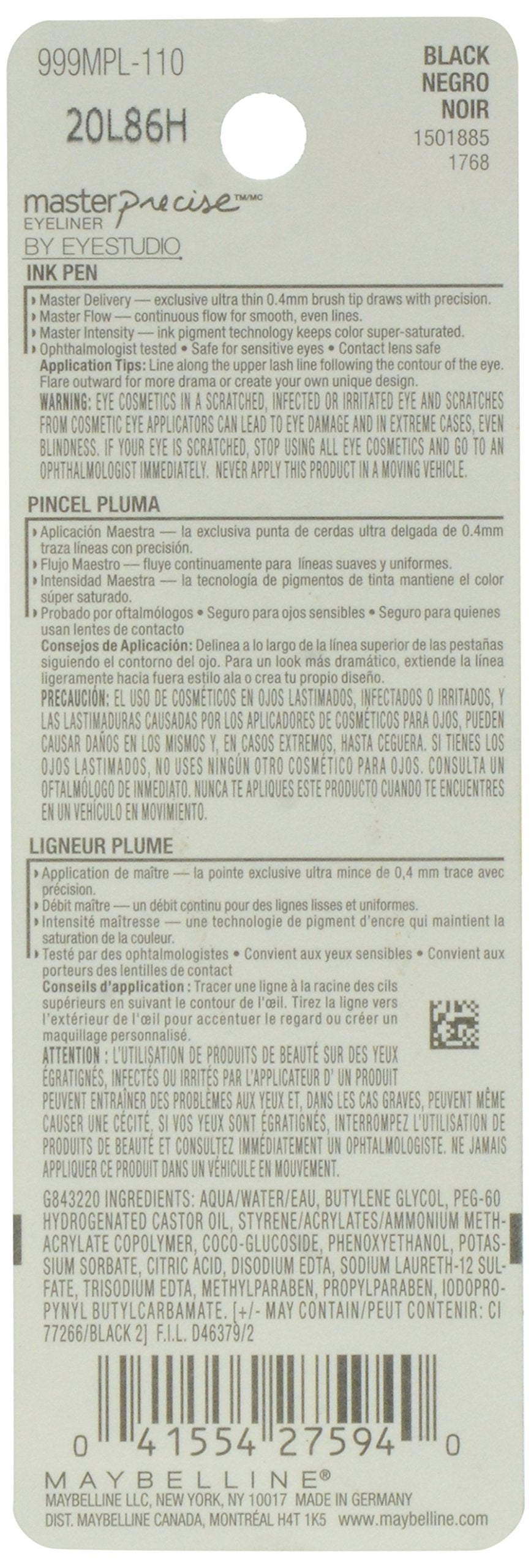 Maybelline New York Eye Studio Master Precise Liquid Eyeliner, No.110 Black, 0.037 Fluid Ounce