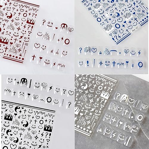 4 Sheets Klein Blue Flame Smile Face Nail Art Sticker Decals ins Minimalist Style Klein Blue Nail Art Sticker Impressionist Lines Star Smile Face