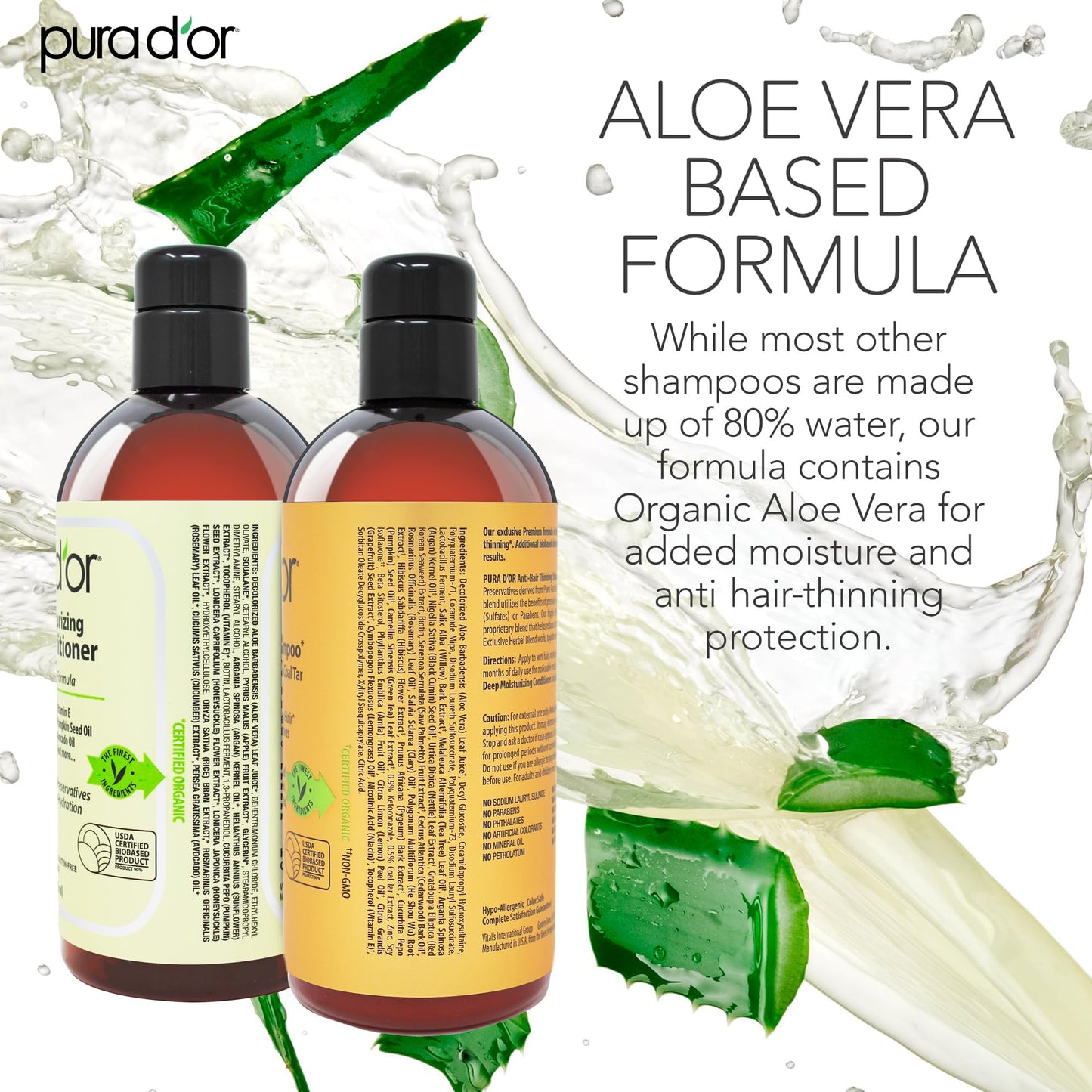 PURA D'OR MD Anti-Thinning Biotin Shampoo & Conditioner Set 16oz x2 – Coal Tar Herbal Blend for Thicker Hair & Scalp Health, Men & Women