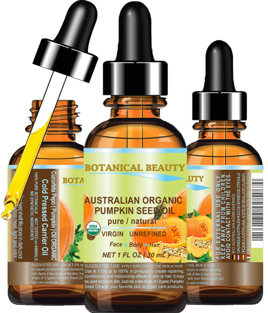 Botanical Beauty Australian ORGANIC PUMPKIN SEED OIL 100% Pure Natural Virgin Unrefined Cold Pressed Carrier Oil. 1 Fl.oz.- 30 ml. for Face, Skin
