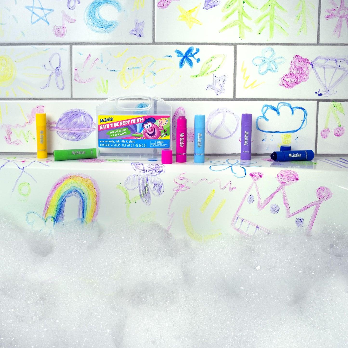 Mr. Bubble Bath Time Body Paints - 6-Color Washable Bath Paint Sticks with Gentle, Kid-Safe Formula - Fun Tub Time Art Set with Scented Colors