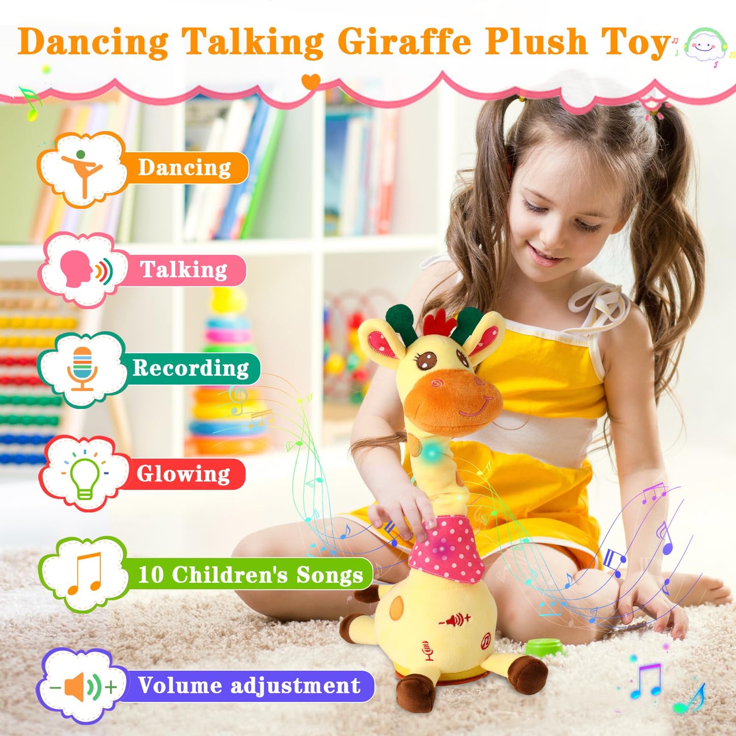 LLUKEME Dancing Talking Giraffe Toy, Stuffed Animal Baby Toy Repeating What You Say, Glowing Musical Giraffe with 10 Children's Songs Gifts for…