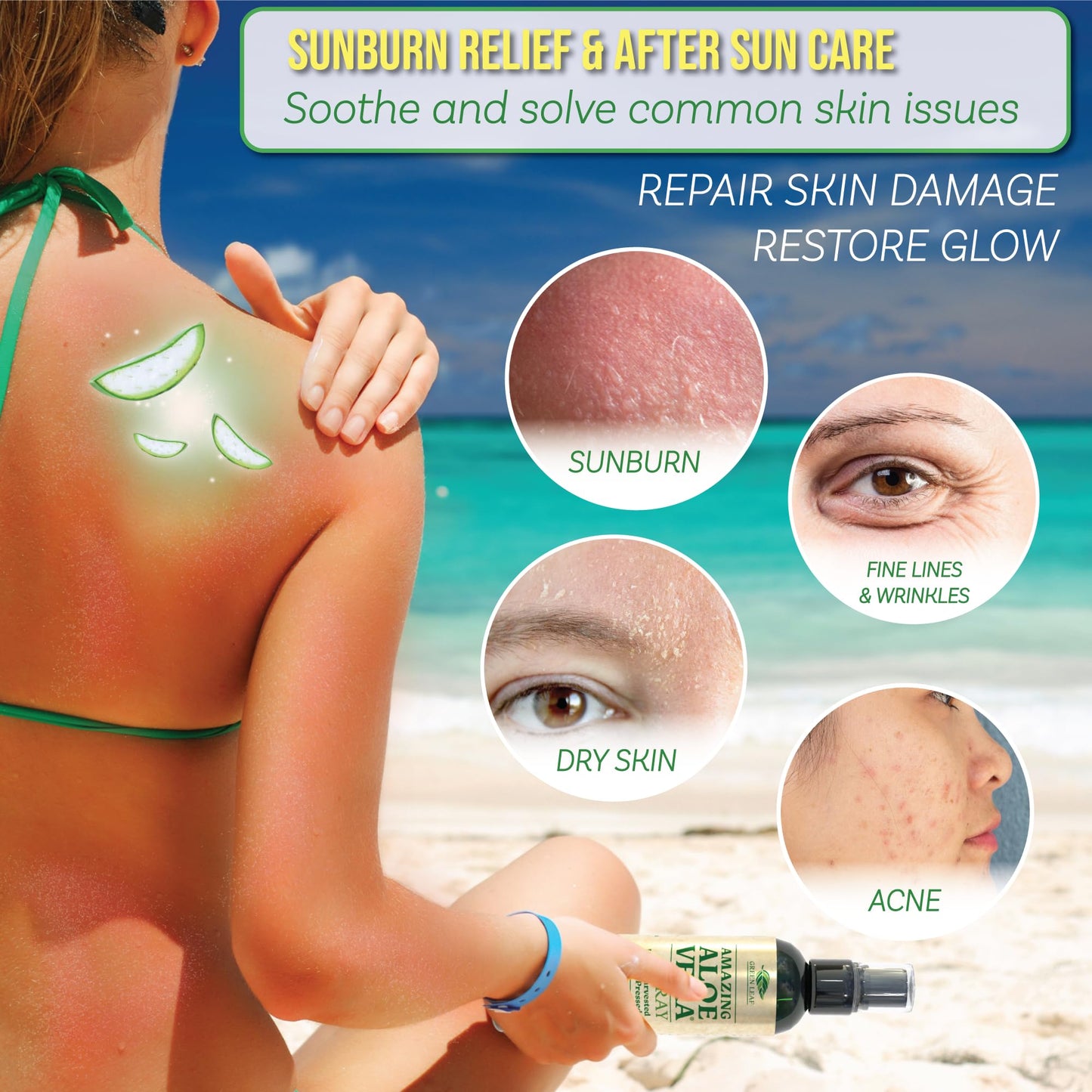 Green Leaf Naturals Aloe Vera Spray | 99% Cold-Pressed Aloe Vera Juice with Vitamin C, E & A | Hair, Skin, Facial Moisturizer, Sunburn Relief & After