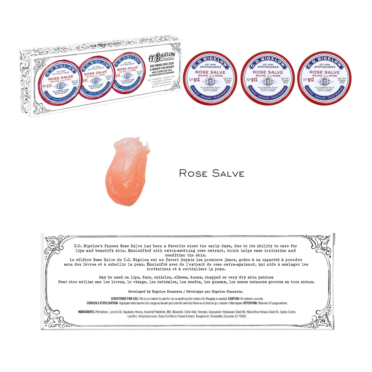C.O. Bigelow Rose Salve Tins, Pack of 3 Lip Balm Tins, All Purpose Salve for Lips, Cuticles, Hands & Dry Skin, Lip Balm Set, 0.8 oz