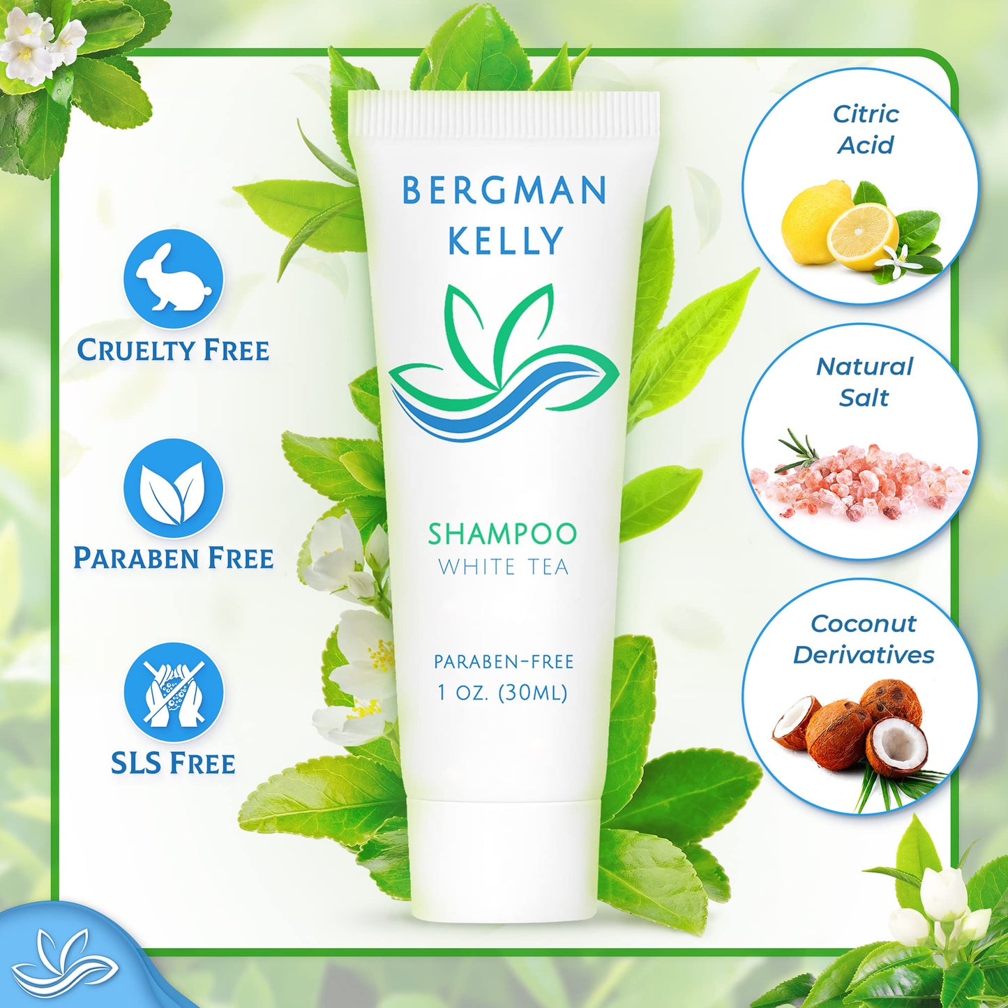 Bergman Kelly - Travel Shampoo and Conditioner Set - 1 fl oz, 100 Pieces, White Tea - Delight Your Guests with Revitalizing and Refreshing Hotel
