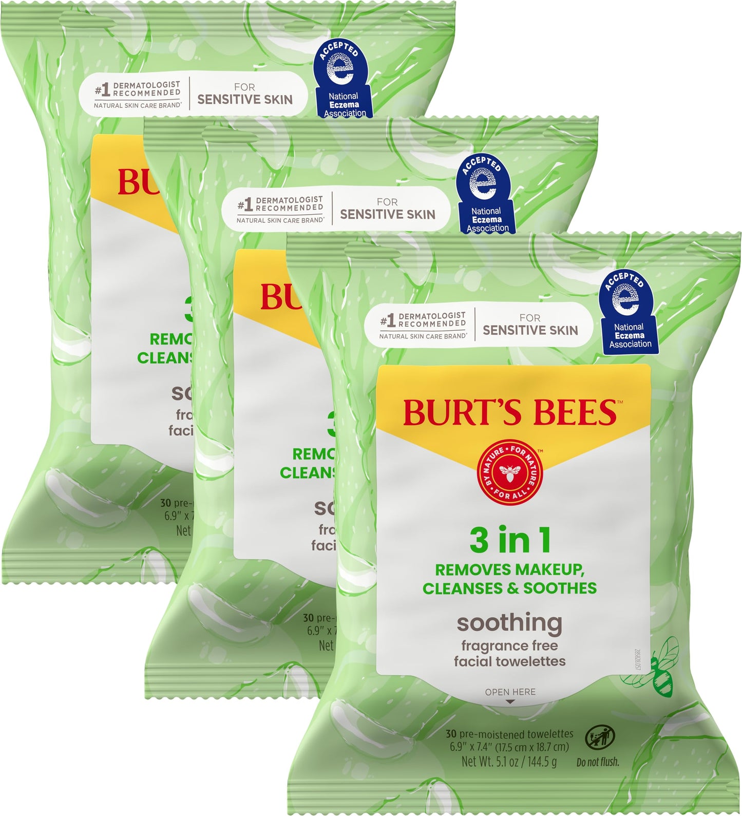 Burt’s Bees Soothing, Fragrance Free Facial Towelettes for Sensitive Skin, Aloe Vera, 100% Plant Based Cloths; 99% Natural Origin; Removes Makeup