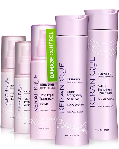 Keranique Damage Control Set for Thinning Hair - Shampoo and Conditioner for Damaged Hair, Follicle Booster Serum, Lift & Repair Spray - Keratin