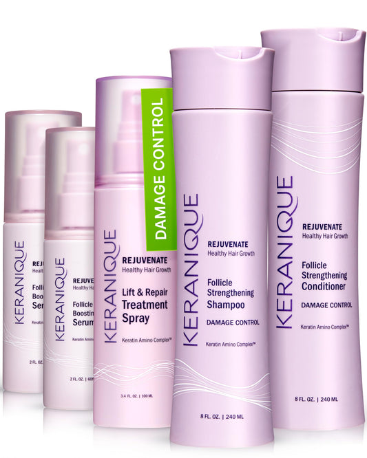 Keranique Damage Control Set for Thinning Hair - Shampoo and Conditioner for Damaged Hair, Follicle Booster Serum, Lift & Repair Spray - Keratin