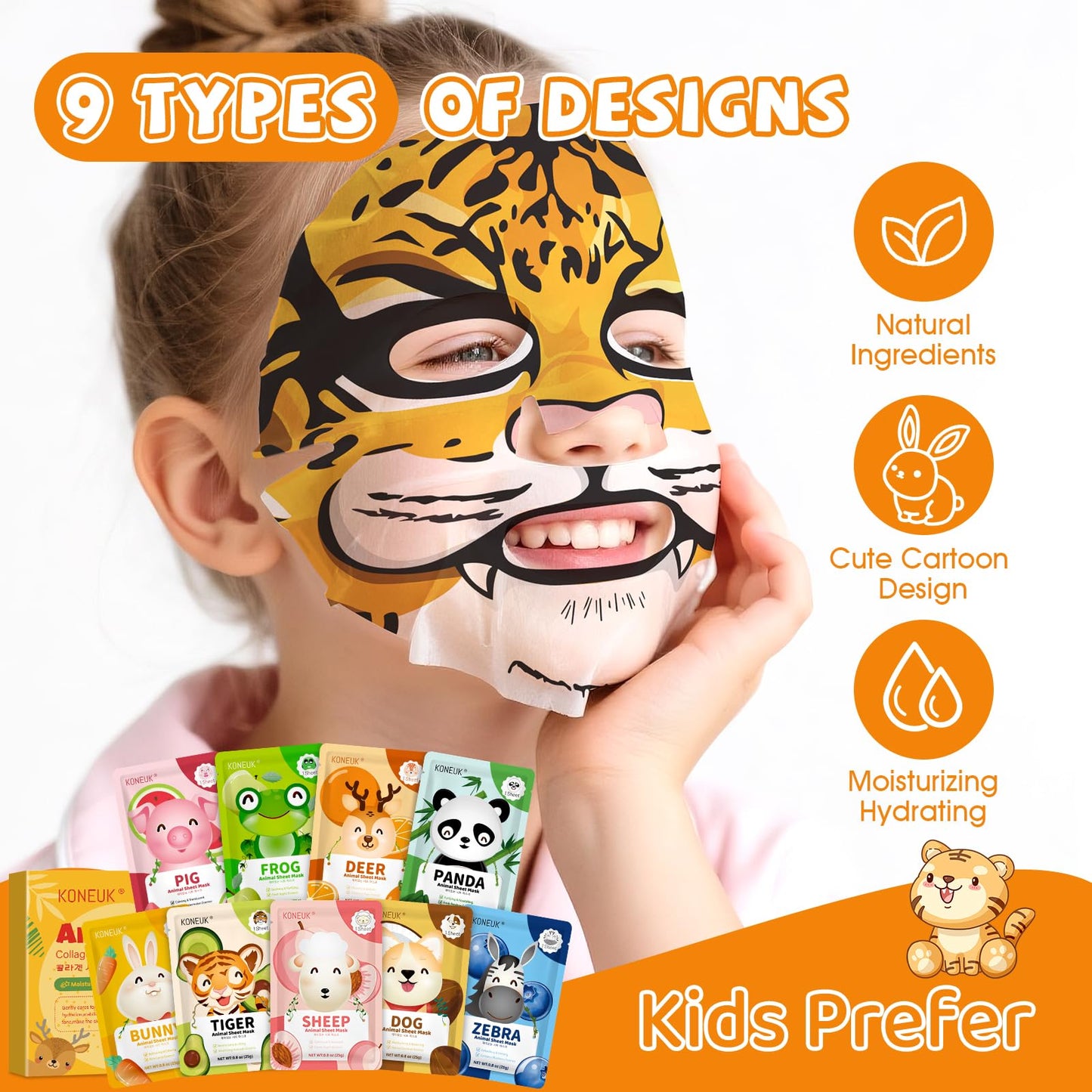 KONEUK 9 Pack Animal Face Masks Skincare for Kids, Bulk Sheet Hydrating Face Mask for Kids Skin Care, Collagen Face Mask for Teens Women, Sleepover Beauty and Personal Care KONEUK
