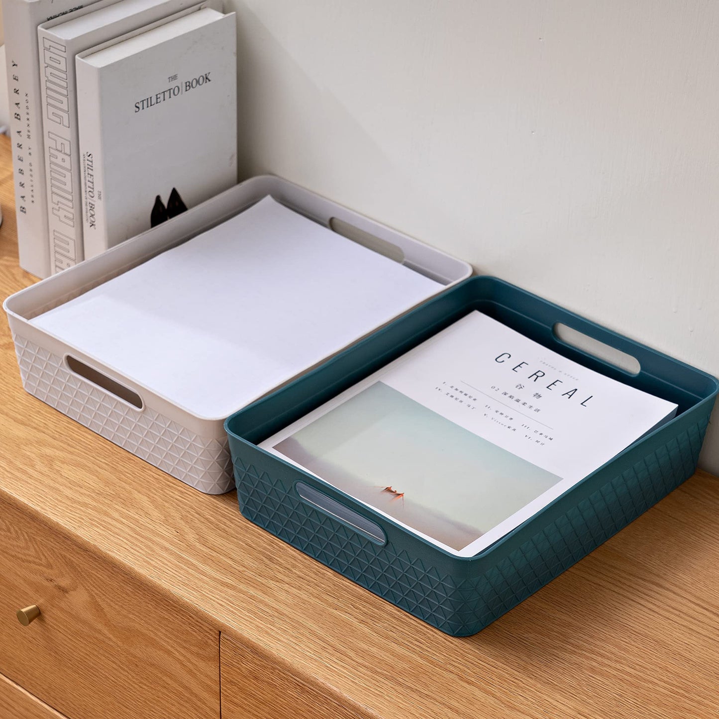 Storage Bin Organizer with Handle | | Desk Drawer Organizer| Stationery Organizer | File Organizer, 5 Liter, Set of 6, Off White