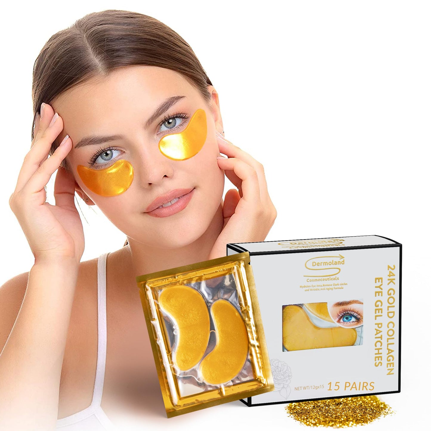 Dermoland Under Eye Patches For Women - 24K Gold Eye Masks, 15 Pairs | Hyaluronic Acid | Reduces Puffiness, Dark Circles & Wrinkles | Vegan