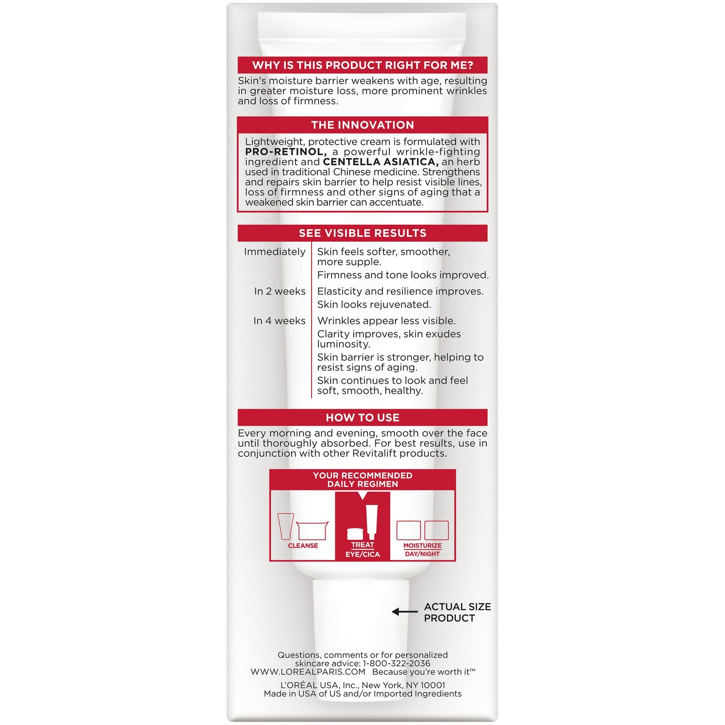 L'Oreal Paris Revitalift Cicacream Anti-Aging Face Moisturizer with Centella Asiatica for Anti-Wrinkle and Skin Barrier Repair, Fragrance Free