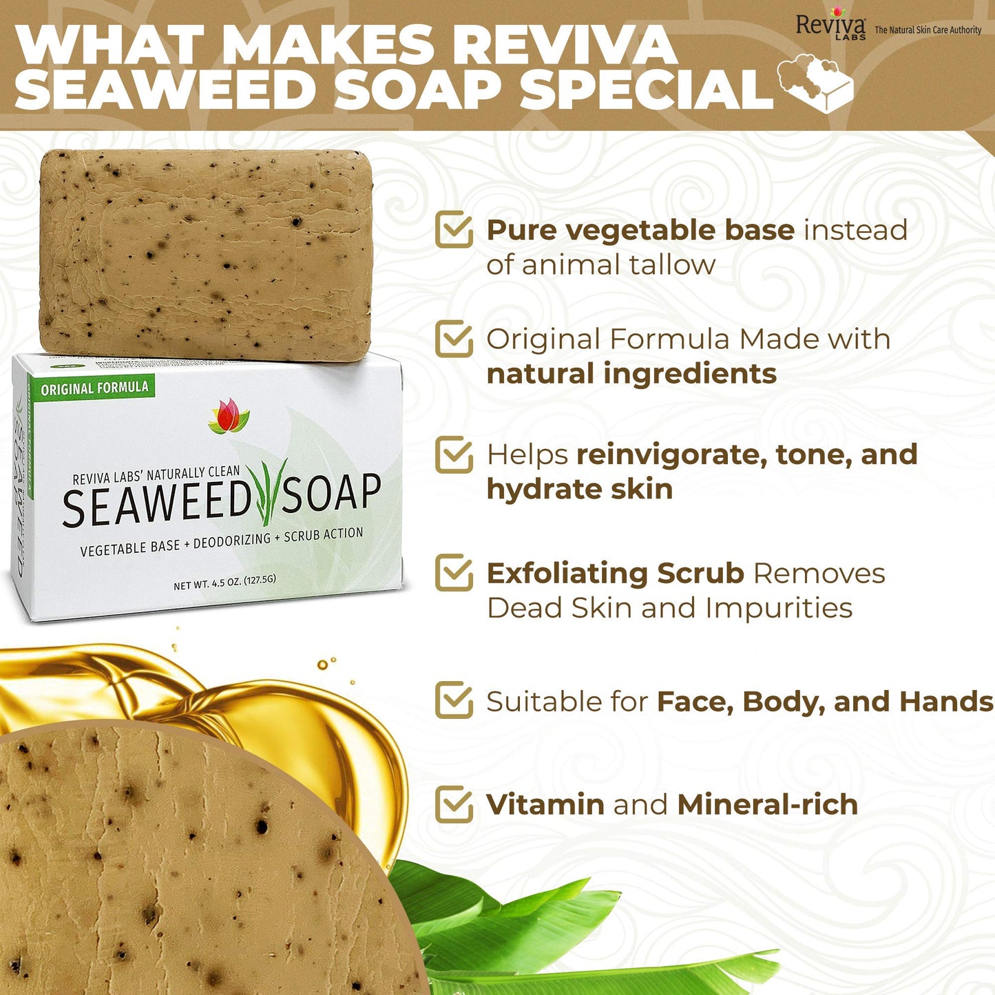 Reviva Seaweed Soap - 4 Pack - Organic Seaweed Face Scrub and Exfoliating Body Scrub Soap Bar - 4.5 oz. Vegetable Base Natural Bar Soap and Seaweed