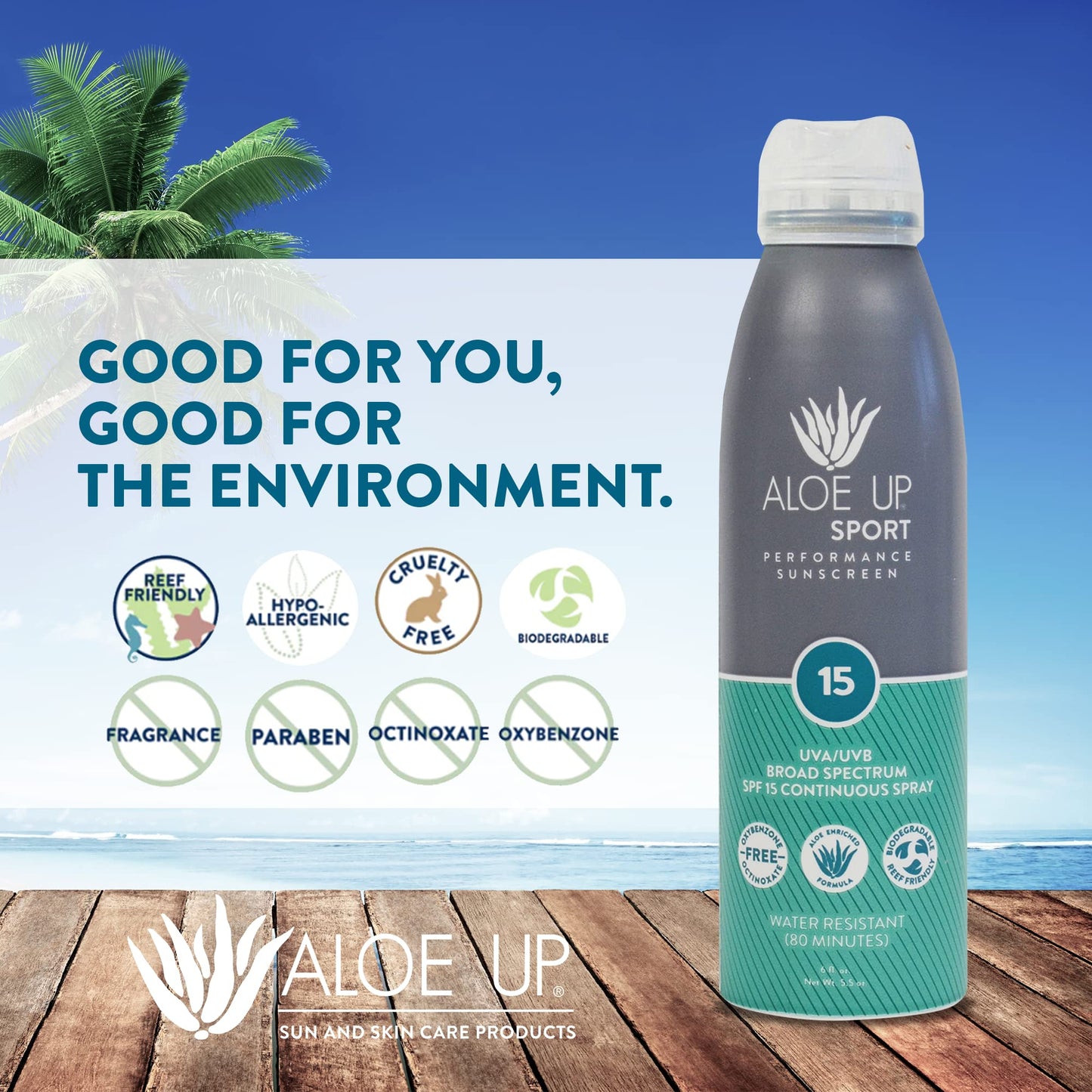 Aloe Up Sport Continuous Spray Sunscreen SPF 15 - Broad Spectrum UVA/UVB Sunscreen Protector for Face and Body - With Aloe Vera Gel - Fast Absorbing