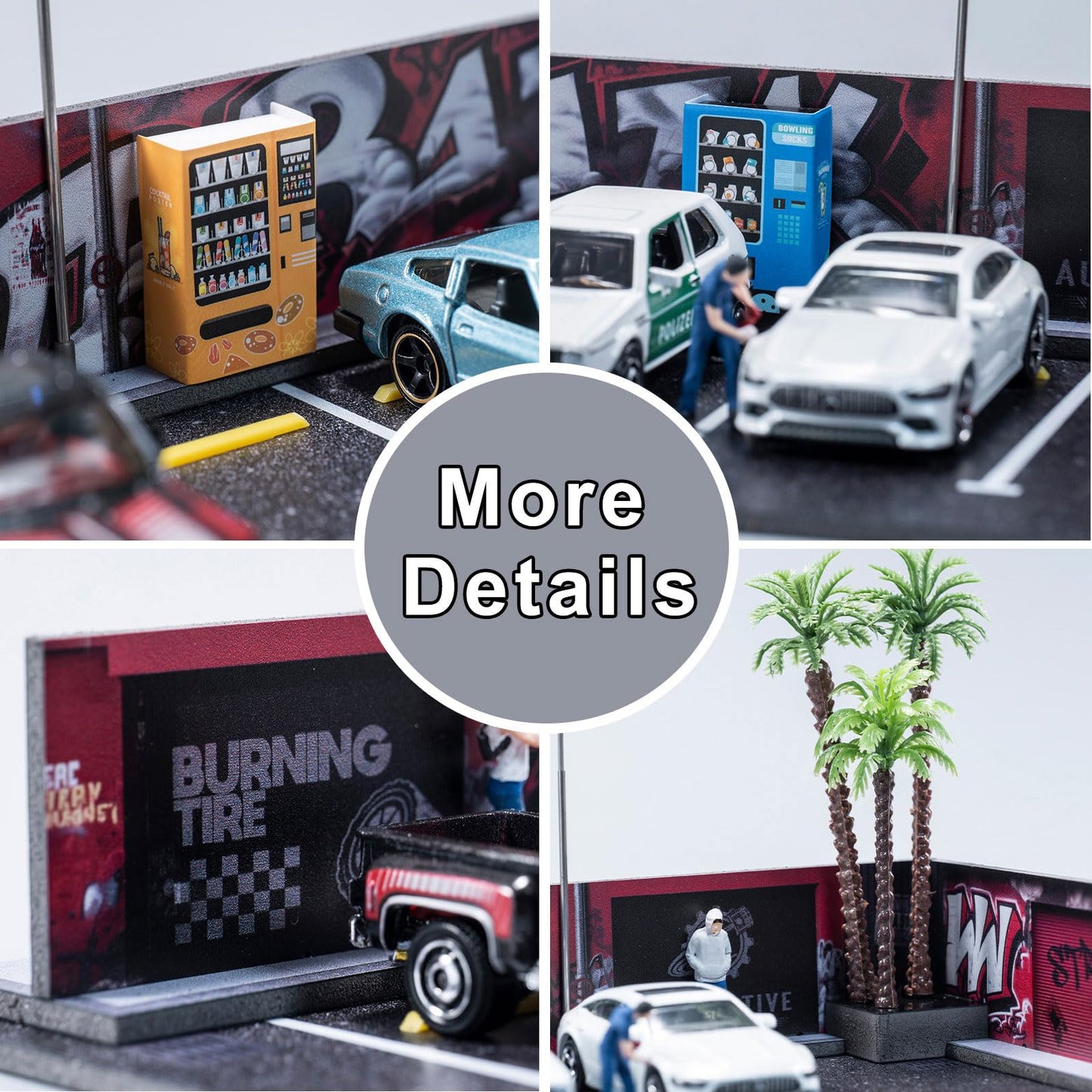 1/64 Diorama Garage, Garage and Display Case for Model Car, Scenic Diorama Display Car Park with 2 LED Street Lamps and 5 Outdoor Parking Spaces