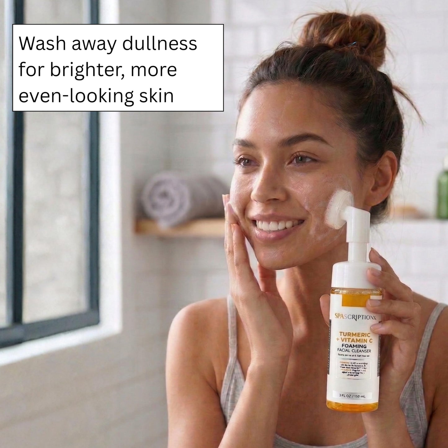 SpaScriptions 2 in 1 Cleanse & Exfoliate Foaming Facial Cleanser - Turmeric & Vitamin C Face Wash with Silicone Brush for Dull & Uneven Skin Tone