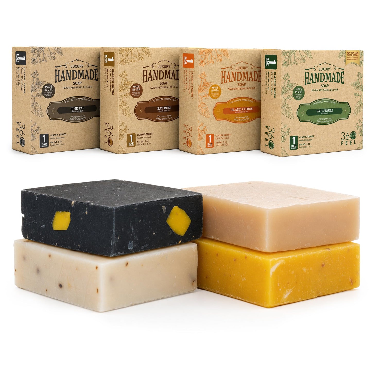 360Feel Mens Bar Soap - Made in the USA - Castile Handmade All Natural Cold Processed - Includes 4 Bold Masculine Scents: Bay Rum, Pine Tar Black Soap