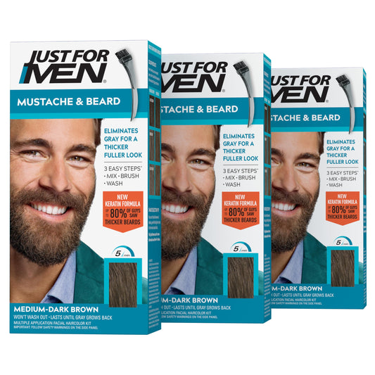 Just For Men Mustache & Beard, Beard Coloring for Gray Hair with Brush, With Keratin Biotin Aloe and Coconut Oil for Healthy Facial Hair - Medium-Dark