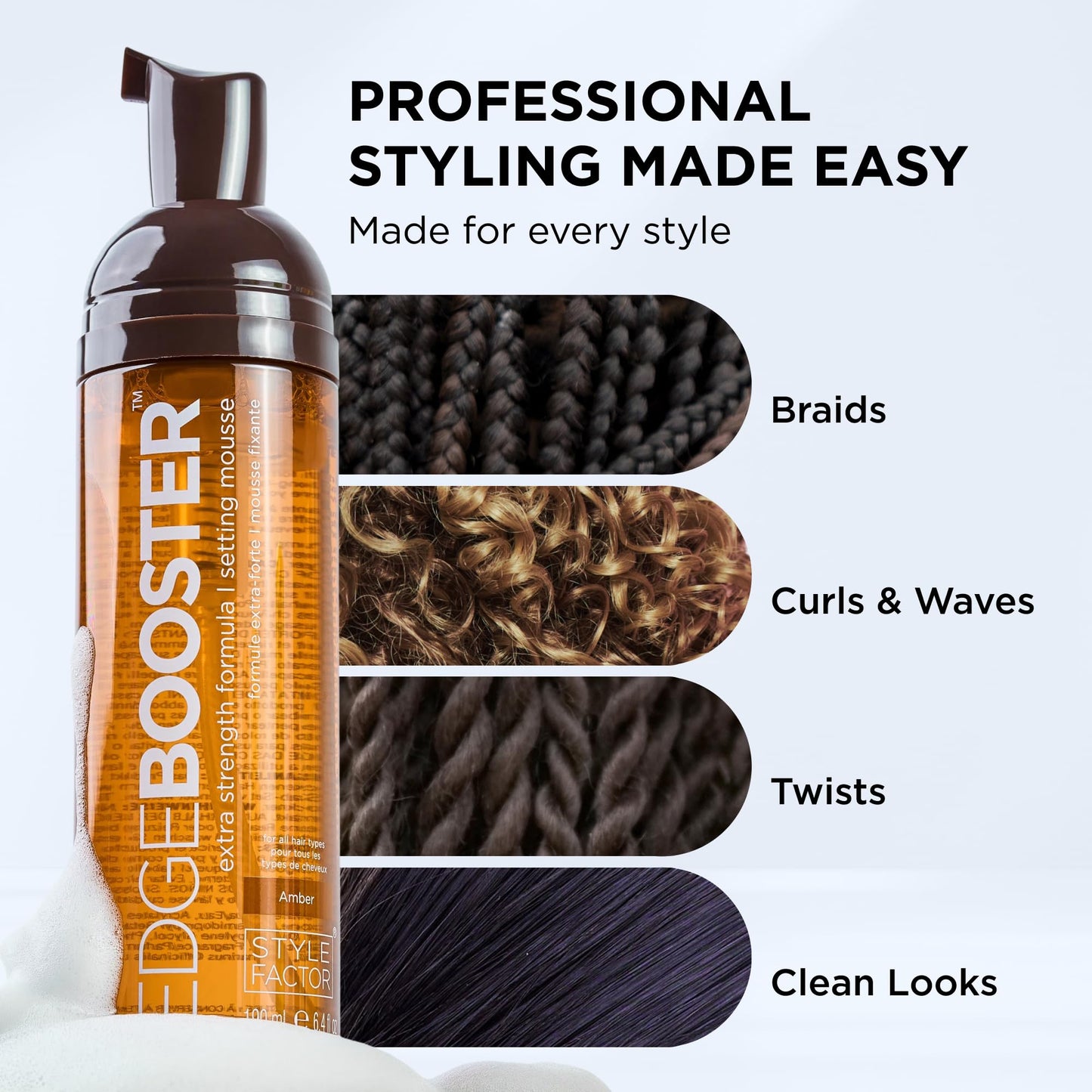 Style Factor EDGE BOOSTER Extra Strength Setting Mousse Travel Size - Frizz Control, Extra Volume, and Conditioning - 2.5oz Morganite Mousse for Curly Beauty and Personal Care Style Factor