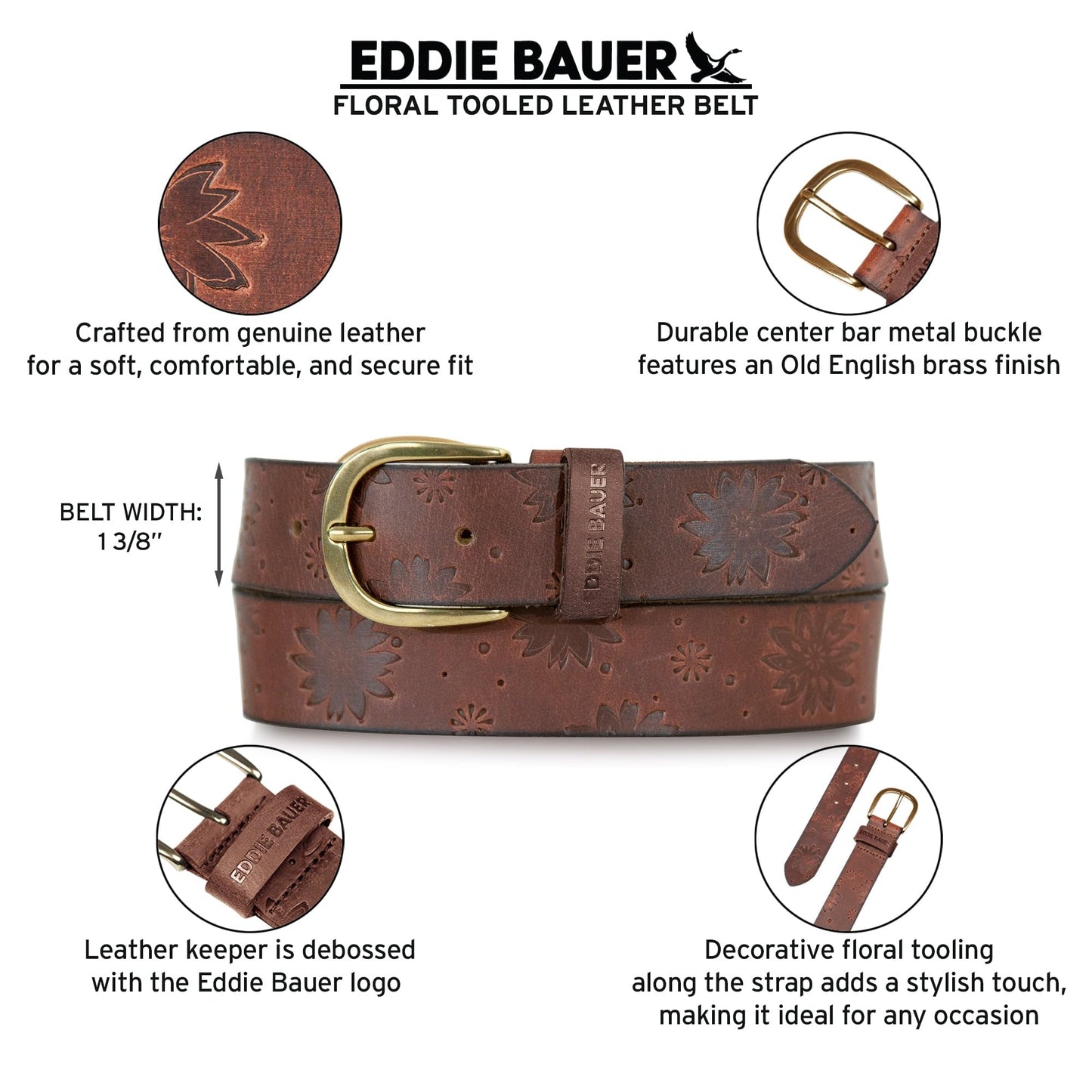Eddie Bauer Women's Casual Leather Belts with Durable Metal Buckle, Floral Tooled - Tan, Large