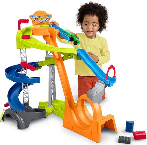 Fisher-Price Little People Toddler Toy Hot Wheels Spiral Stunt Speedway Race Track Playset with 2 Cars for Pretend Play Kids Ages 18+ Months