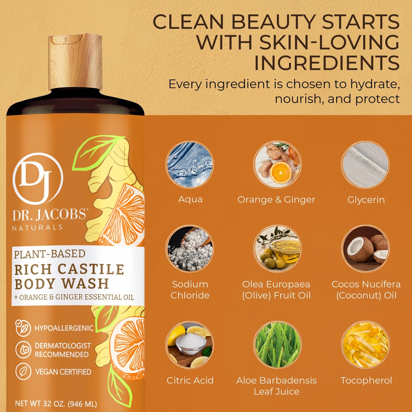 Dr. Jacobs Naturals Pure Castile Soap Liquid Body Wash, Orange & Ginger - Plant Based Soap Infused with Vitamin E & Aloe Vera to Moisturize Dry