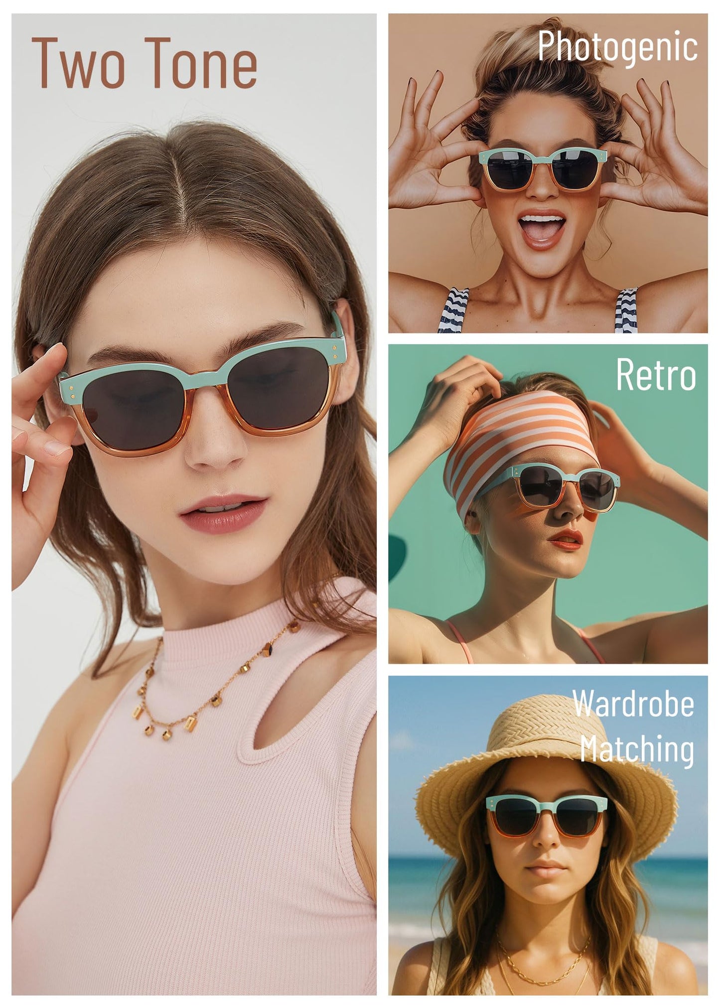 Leafael Polarized Sunglasses Women's Trendy Two Tone Retro Design, 100% UV Protection, Teal Green Square, Lifestyle & Active