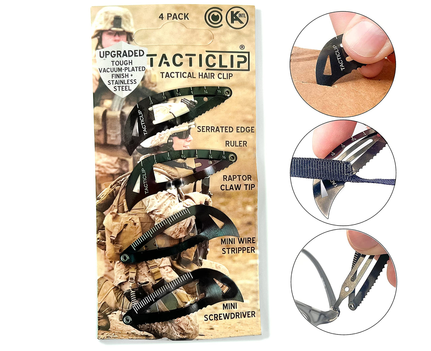 Tactical Hair Clips, 4 Pack - Black - Multitool Snap Barrettes - Laser Engraved, Vacuum Plated, Multi-Functional Keychain Multi Tool - Box Cutter