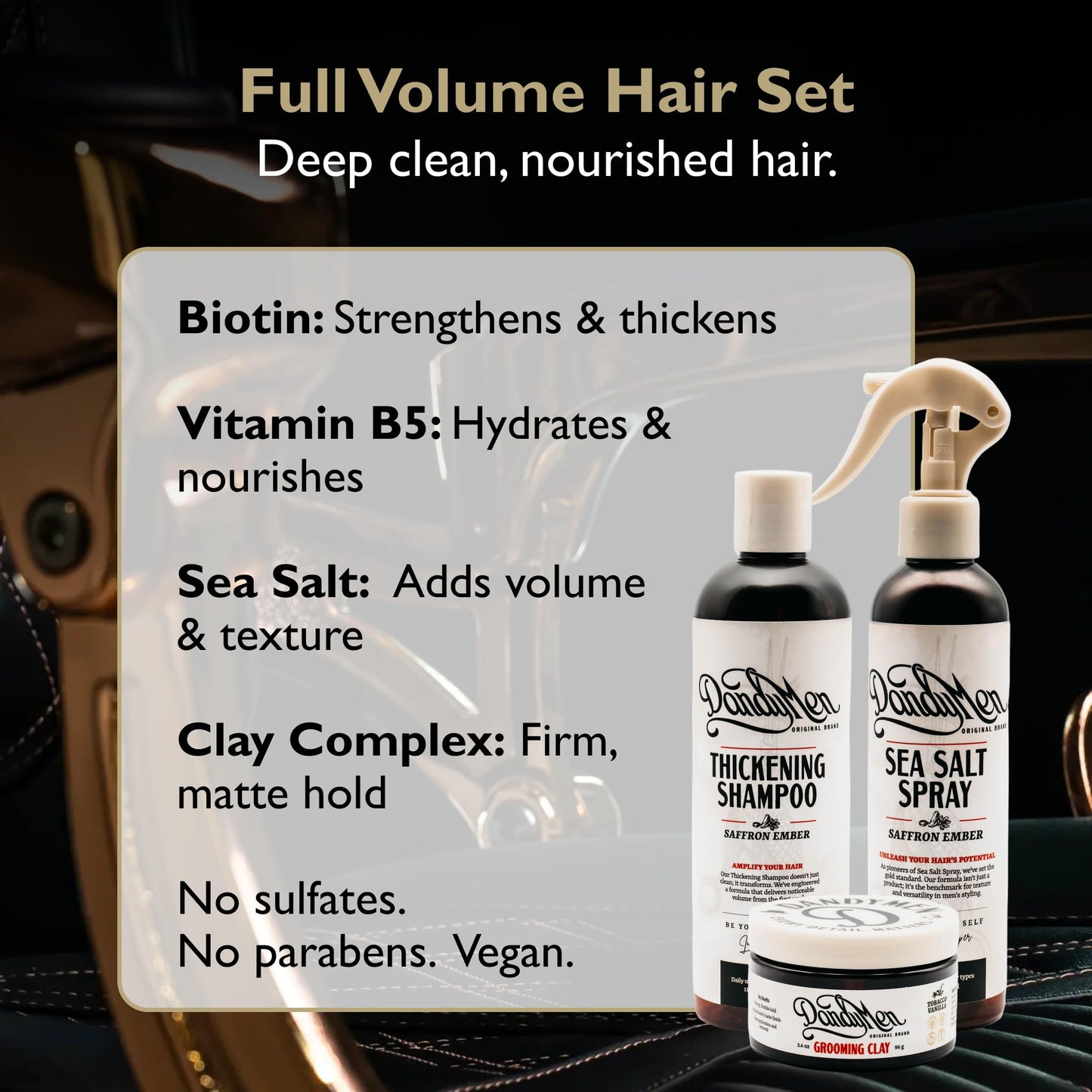 DandyMen Full Volume Hair Set for Men - Thickening Shampoo, Sea Salt Spray & Grooming Clay - 3-Step Styling Kit for Volume, Texture & Hold (Saffron
