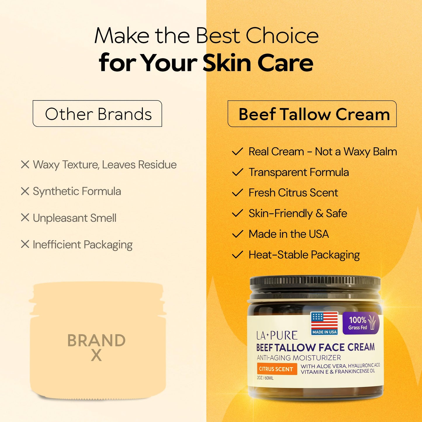 LA PURE Beef Tallow for Skin, Grass-Fed Tallow Face Cream with Aloe Vera, Hyaluronic Acid, Frankincense & Vitamin E to Hydrate, Firm, and Smooth Skin