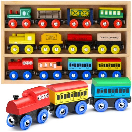 Wooden Train Set 12 PCS - Train Toys Magnetic Set Includes 3 Engines - Toy Train Sets For Kids Toddler Boys And Girls - Compatible With All Major…