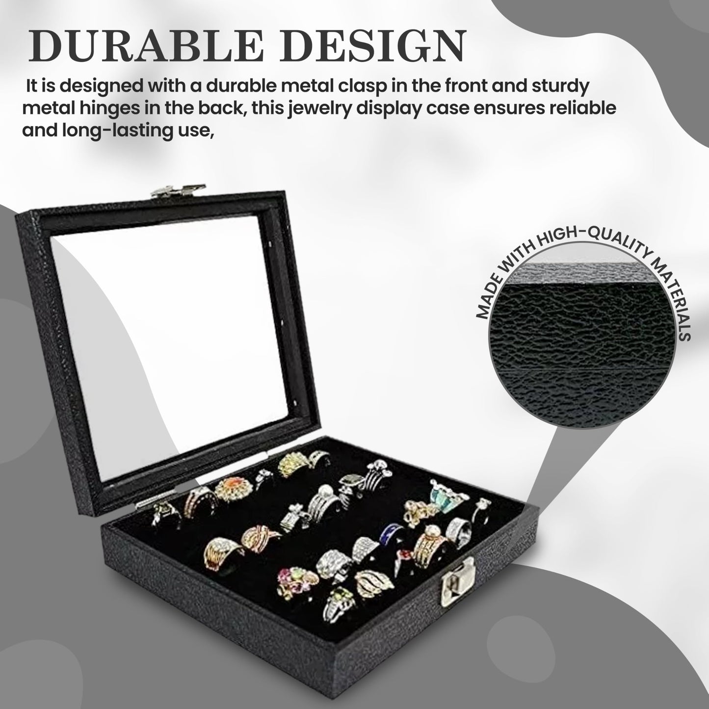 Novel Box Ring Display Glass Case Black 8.25x7.25x2 Inches with 36-Slot Black Ring Foam Insert - Travel Ring Case with Metal Clasp - Jewelry Box…
