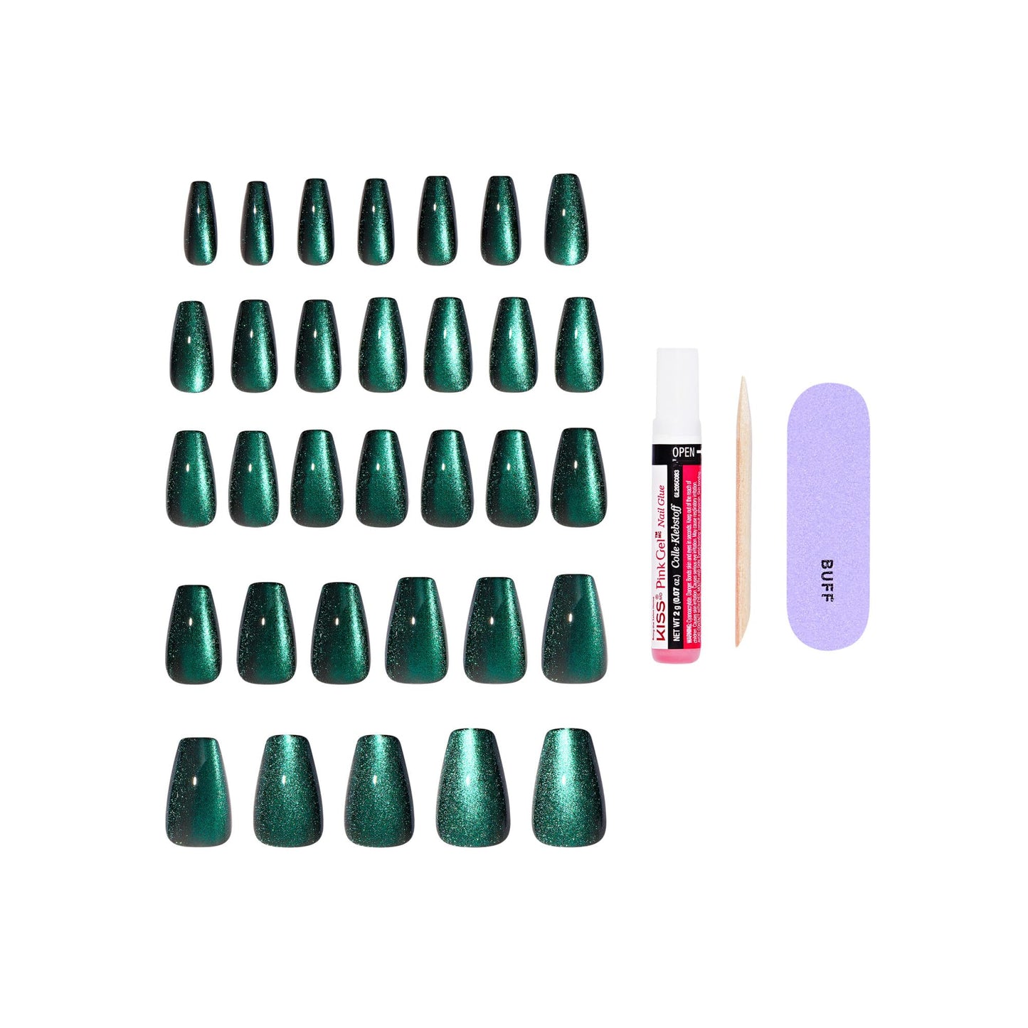 Kiss Core, Press On Nails, Nail glue included, 'Shimmering', Green, Medium Size, Coffin Shape, Includes 32 Nails, 2g Glue, 1 Manicure Stick, 1 Mini Beauty & Personal Care KISS