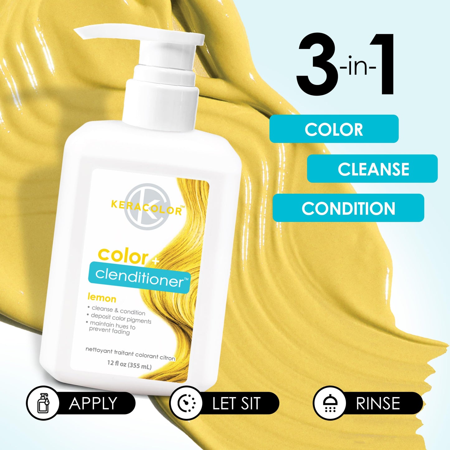 Keracolor Color + Clenditioner 3-in-1 Color-Depositing Conditioner, Gently Cleanses & Conditions, Semi-Permanent Lemon Hair Color, 12 Fl Oz