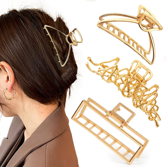 Mehayi 3 PCS Large Gold Metal Hair Claw Clips for Women Girls, Cute Alloy Big Hair Clamps Strong Hold for Thick Thin Hair, Fashion Hair Accessories