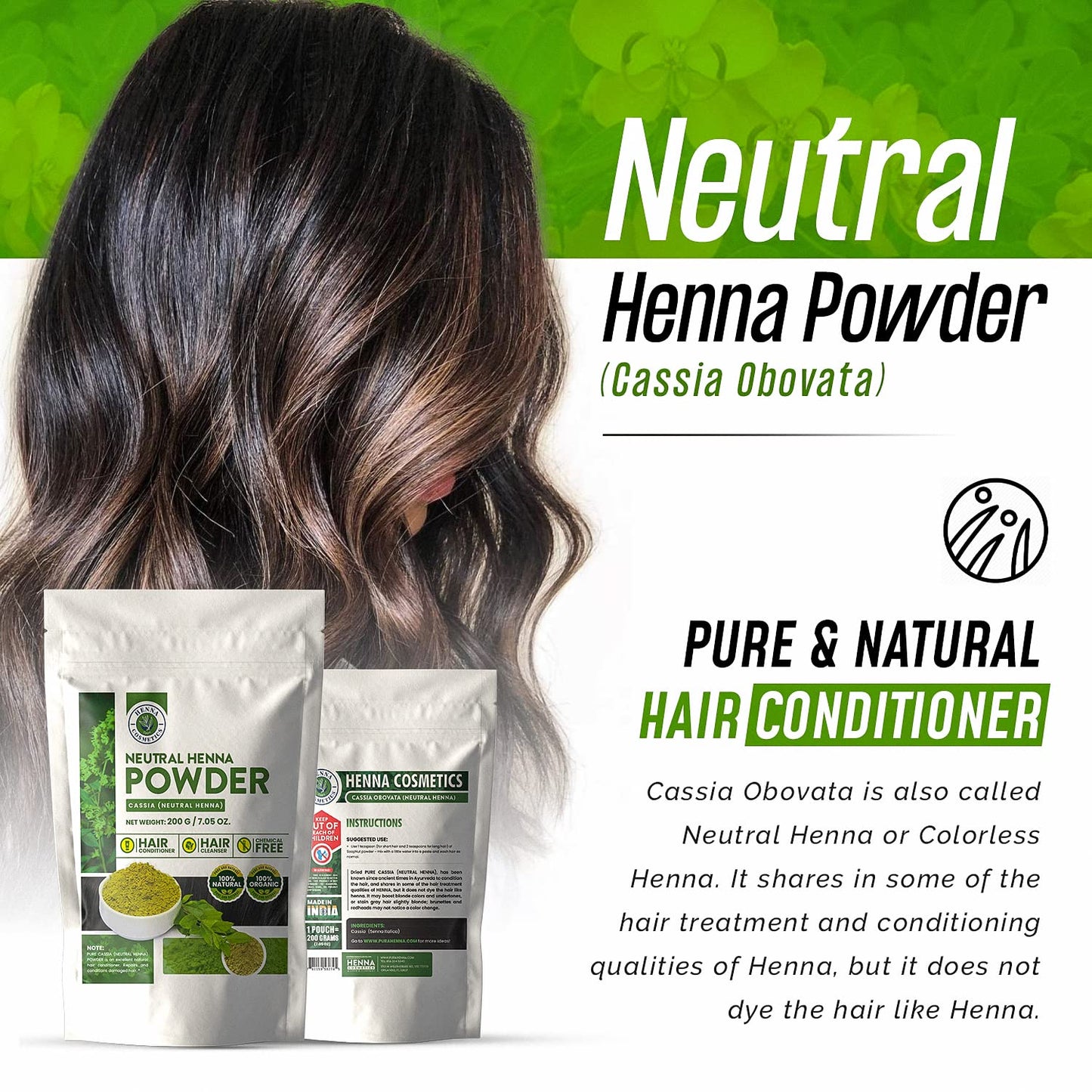 HENNA COSMETICS CYPRI Henna Hair Color, Neutral Henna Powder for Hair Growth 100 Grams, Cassia Obovata Powder, Organic, Dye Free