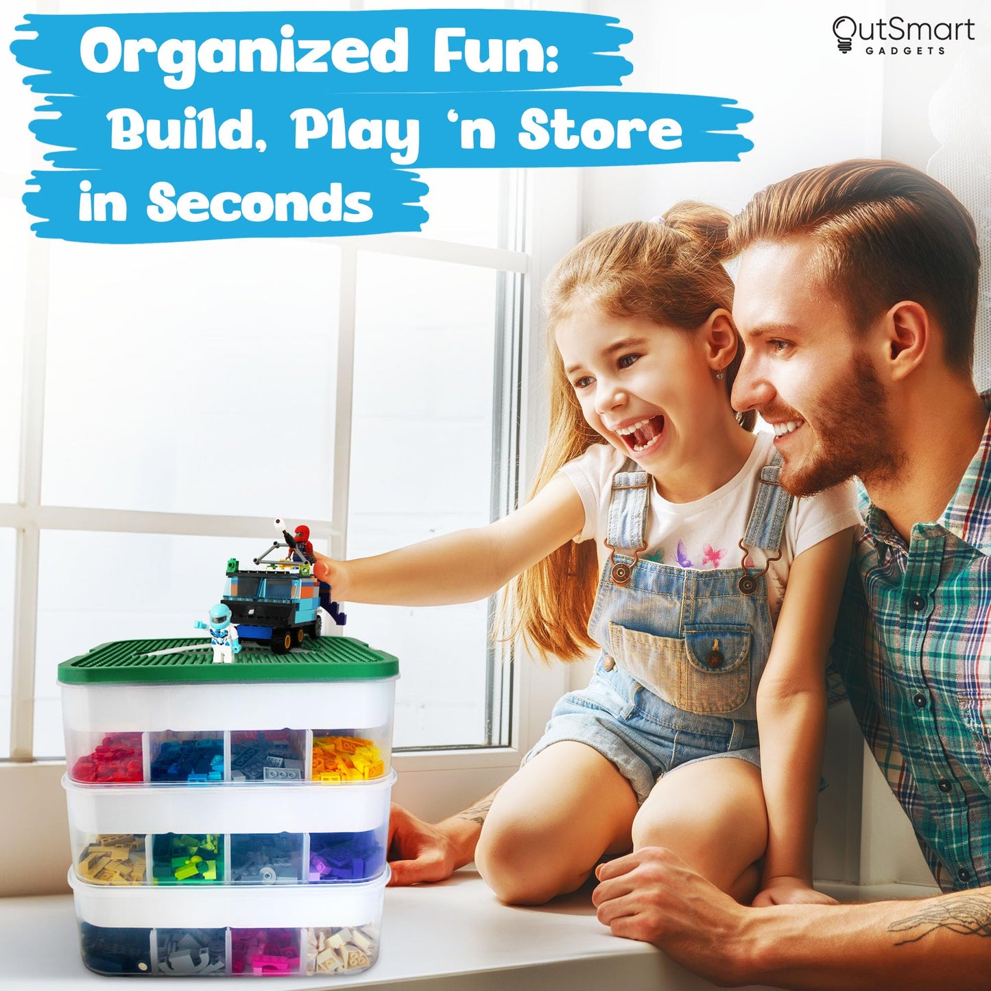 Outsmart Gadgets Stackable Toy Storage Organizer Bin for Lego, Building Bricks, Dolls, and Crafts Organization, Build on the Lid, 3 Layer Adjustable…