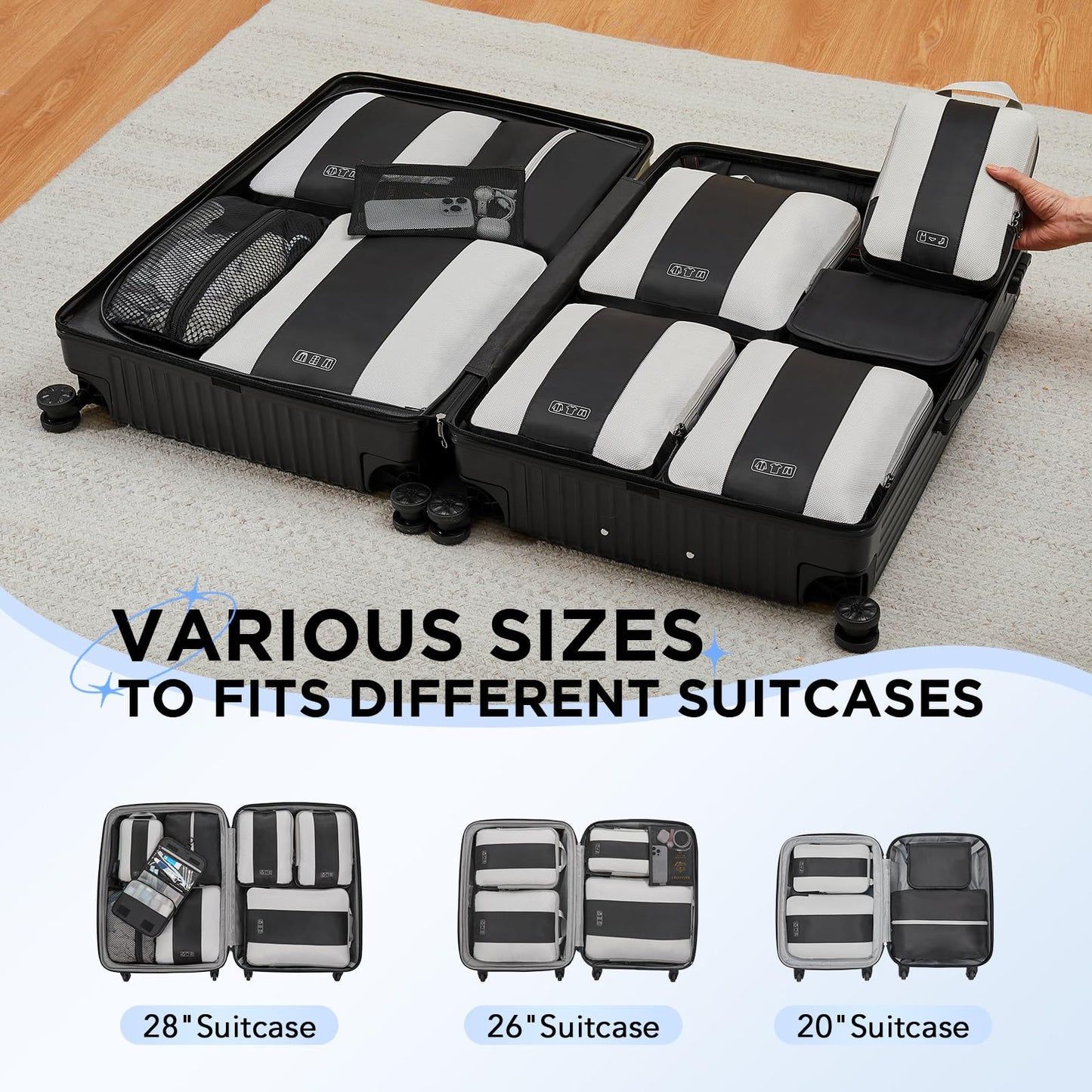 OlarHike 10-Set Compression Packing Cubes – Expandable Travel Luggage Organizers for Suitcase & Clothes – Black