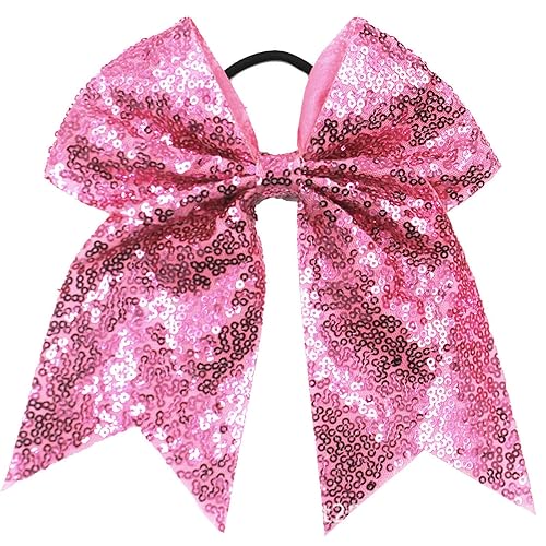 Xansema 6.5 Inches Sequins Hair Bows Elastic Hair Tie Ribbon Large Cheer Bow Ponytail Holder Hair Band for Women Girls Kids Teens (Pink)