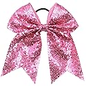 Xansema 6.5 Inches Sequins Hair Bows Elastic Hair Tie Ribbon Large Cheer Bow Ponytail Holder Hair Band for Women Girls Kids Teens (Pink)